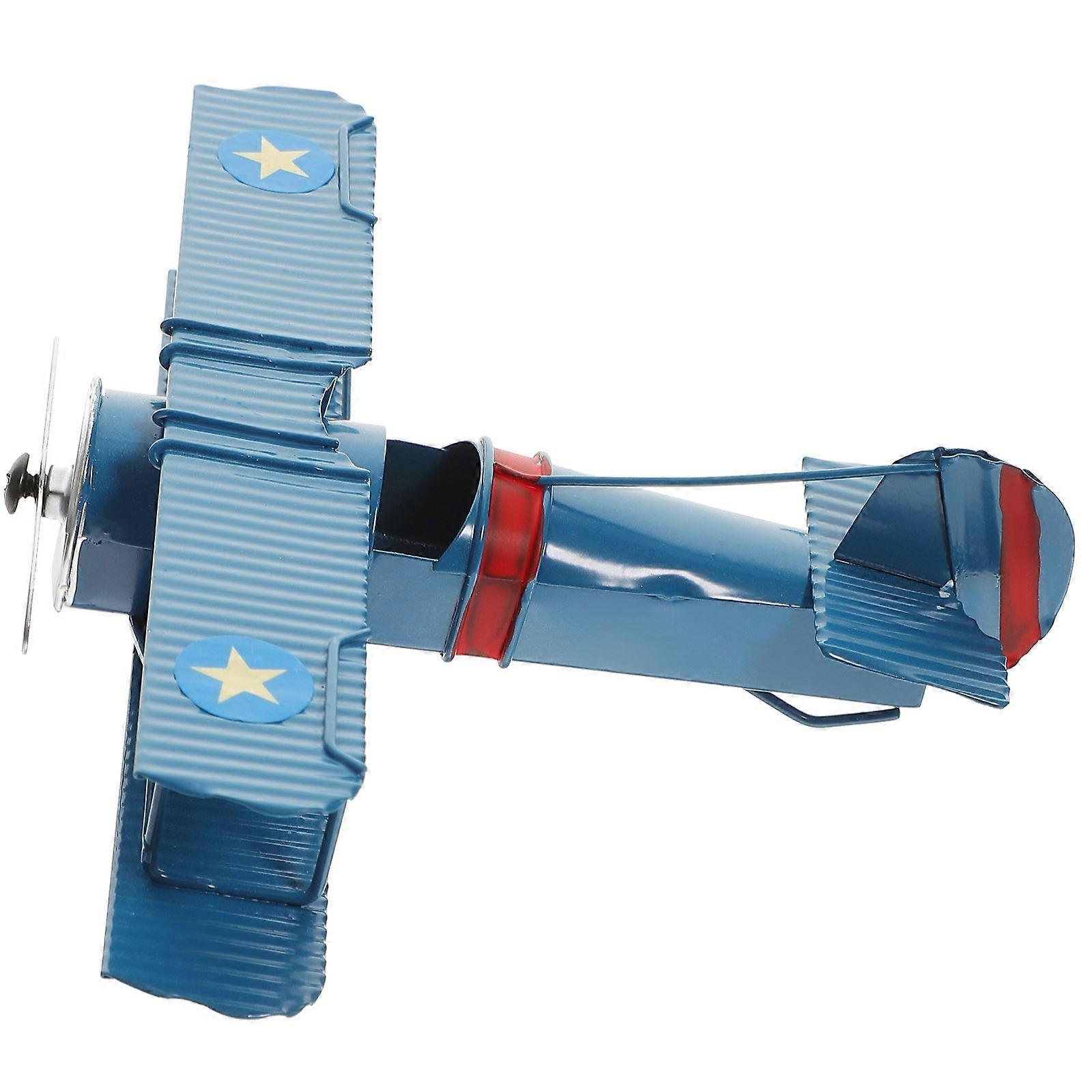 Vintage Iron Airplane Model Ornament – Retro Desktop Plane Decor for Home – Unique Rustic Wrought Iron Aircraft Figurine with Blue Star Design