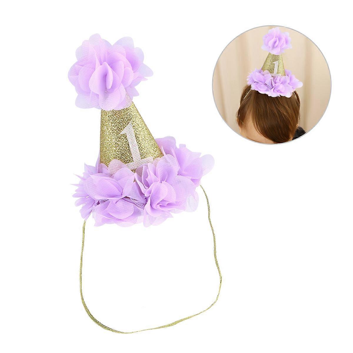Purple Cloth Dog Birthday Hat with Pattern Design for Pet Use Adjustable Strap Fits Small to Medium Pets 7 Inches
