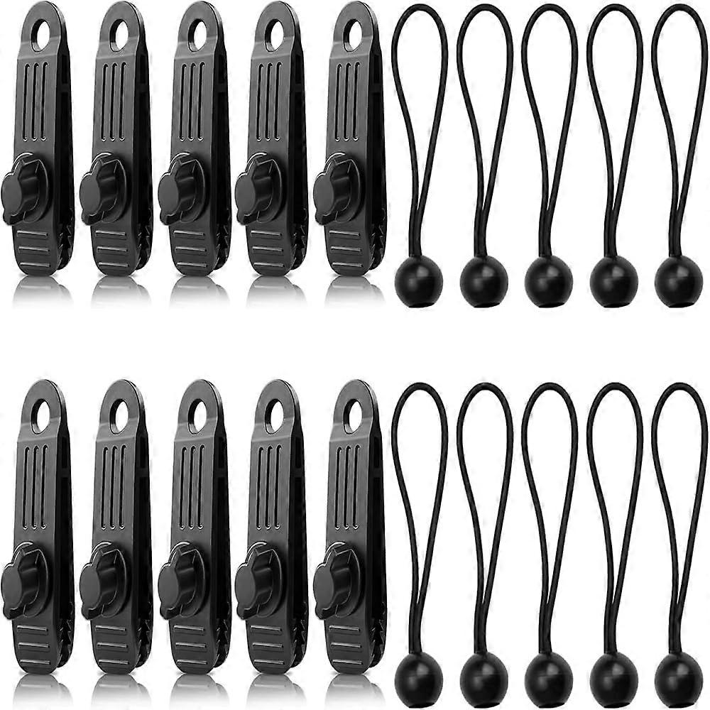 Pack of 10 Awning Fixed Clamp, Tarp Clips Set, with 10 Elastic Rope Ball, for Tents, Covers, Awnings (Black)