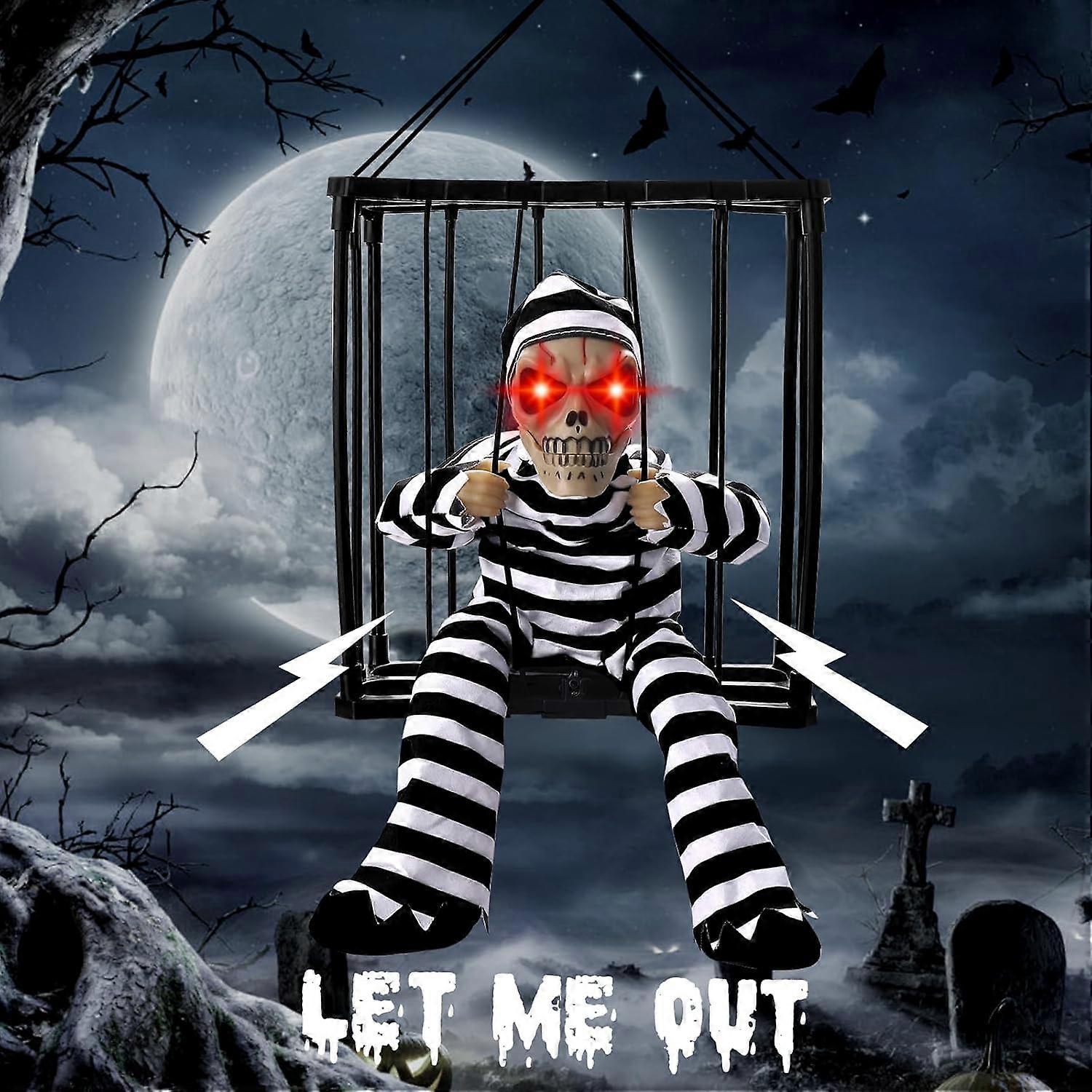 Halloween Screaming Skull Cage with Motion Sensor, Animated Halloween Prop for Party Decorations, Realistic Sound Effects