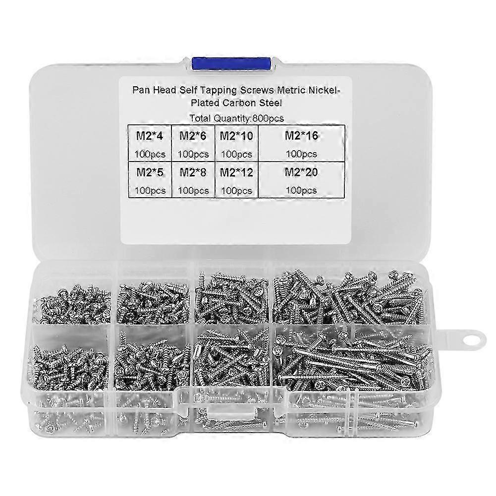 800pcs M2 Cross Drive Pan Head Self Tapping Screws Woodworking Fastener with Box