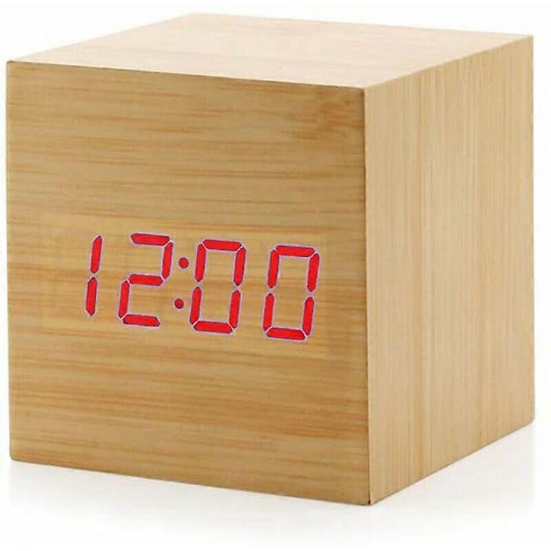 Digital Alarm Clock, Mini Desk Alarm Clock Cube Modern Wooden LED Light, Displays Time and Temperature for Kids, Bedroom, Dorm, Travel