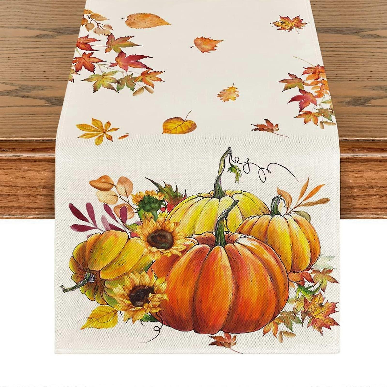 Autumn Table Runner 33x183 cm Linen Maple Leaf Pumpkin Sunflower Print Kitchen Dining Decor