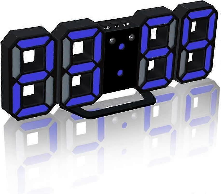 3D Digital Alarm Clock LED Wall with 3 Adjustable Brightness Levels Snooze Dimmer Easy to Read Black-Blue