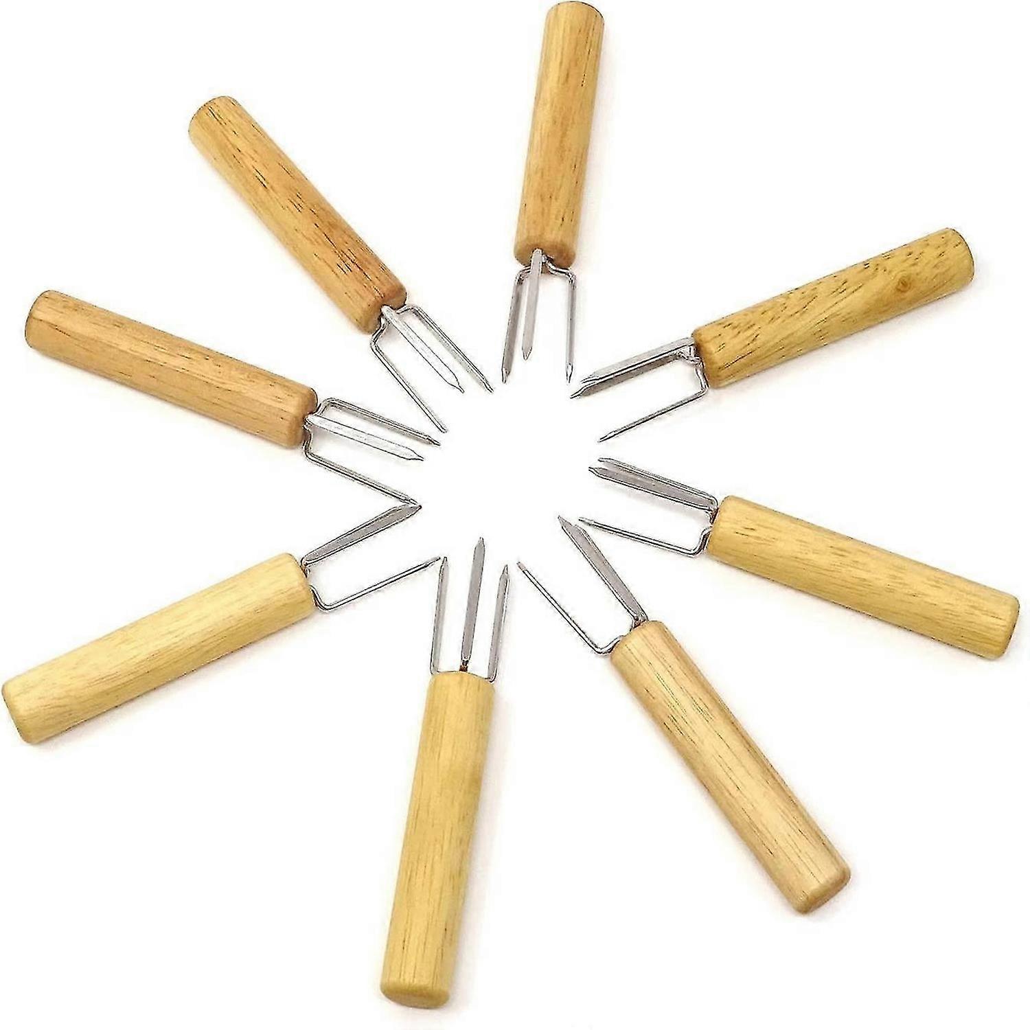 8pcs Stainless Steel Corn Rack Corn Cob Rack Corn Fork Wooden Handle BBQ Fork