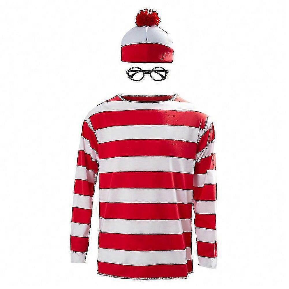 Where's Waldo Now Red And White Stripes Cosplay Costume Adult Men T Shirt Sweater+hat+glasses For Christmas Halloween Party Suit