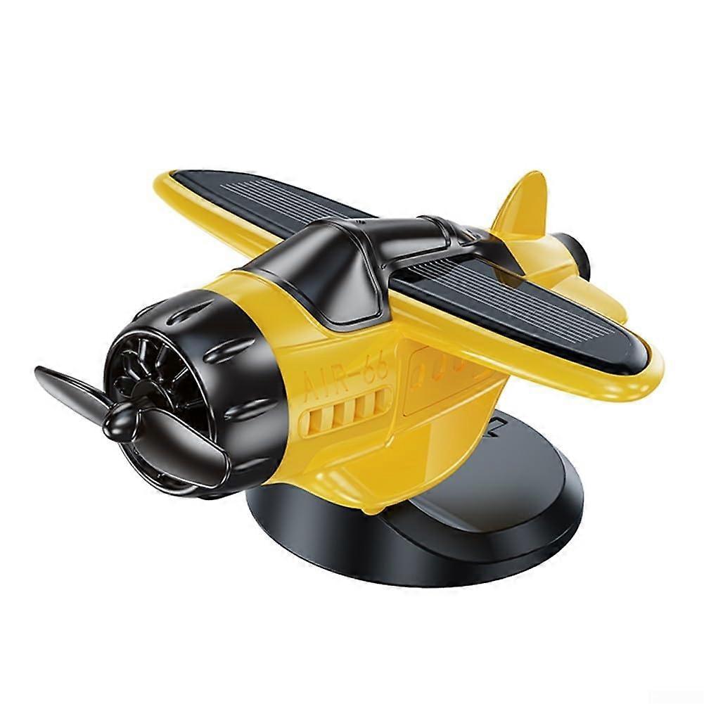 Solar Powered Car Ornament Rotating Propeller Fighter Aircraft Shape Dashboard Decoration Light Activated Yellow