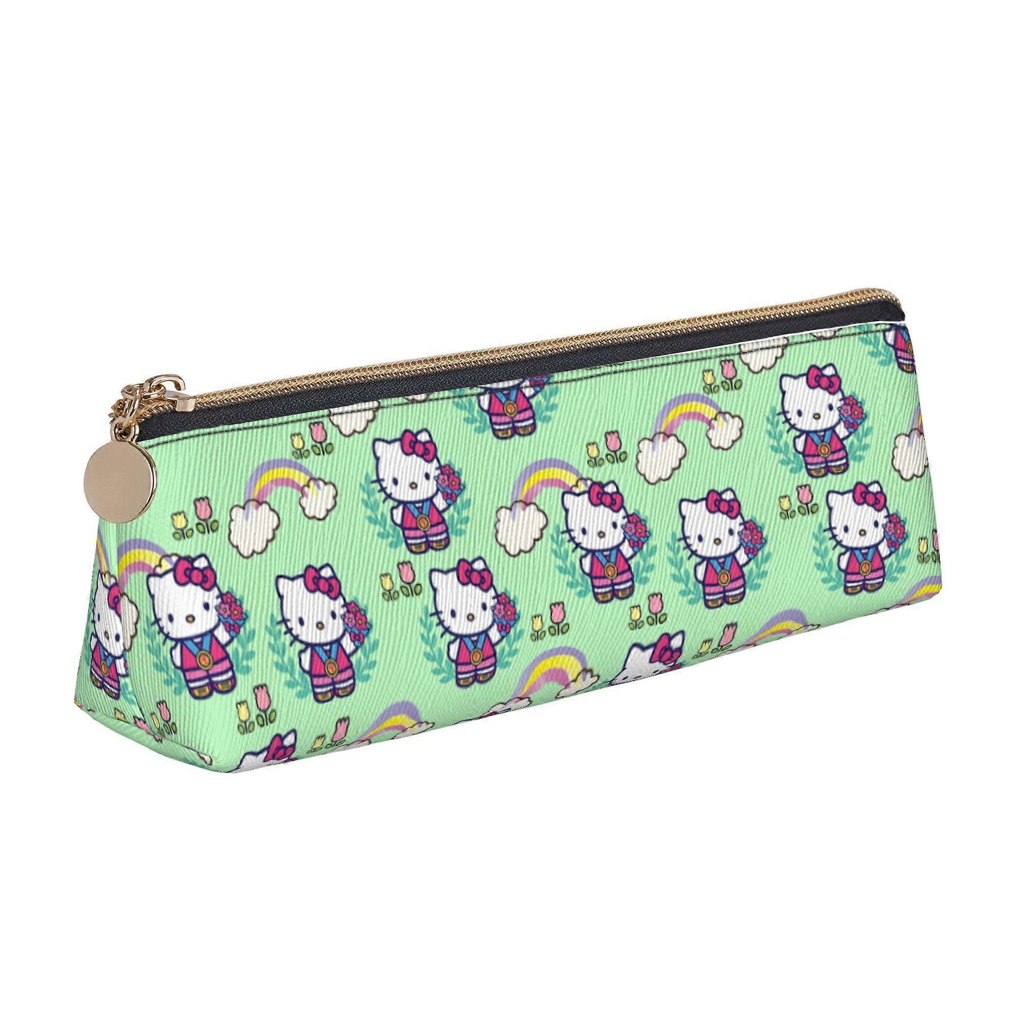 Hello Kitty Leather Triangle Pencil Case Large Capacity Zipper Pencil Case Multifunctional Triangle Leather Stationery Storage Bag