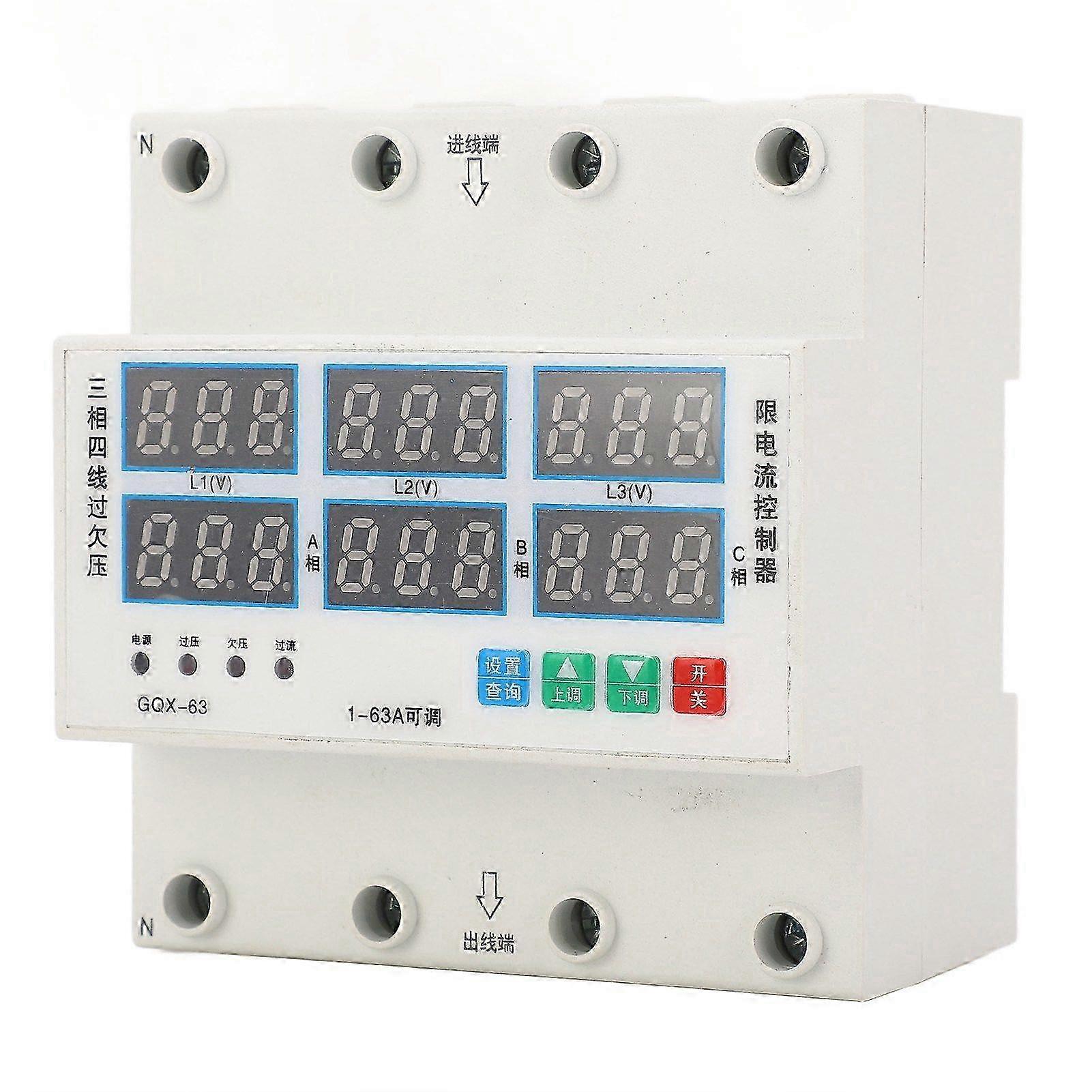 Over Under Voltage Protector 3 Phase 4 Wire Adjustable Voltage Current Meter 1A63A 140500V