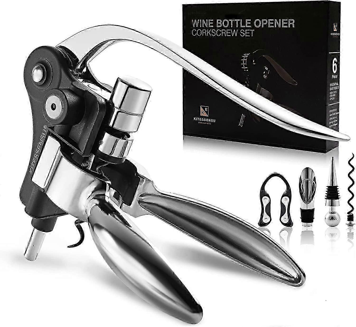 Wine Opener, Kitessensu Easy Lever Wine Corkscrew With No-stick Worm, 6-piece Wine Bottle Opener Set With Foil Cutter, Bottle Stopper, Pourer, Extra C