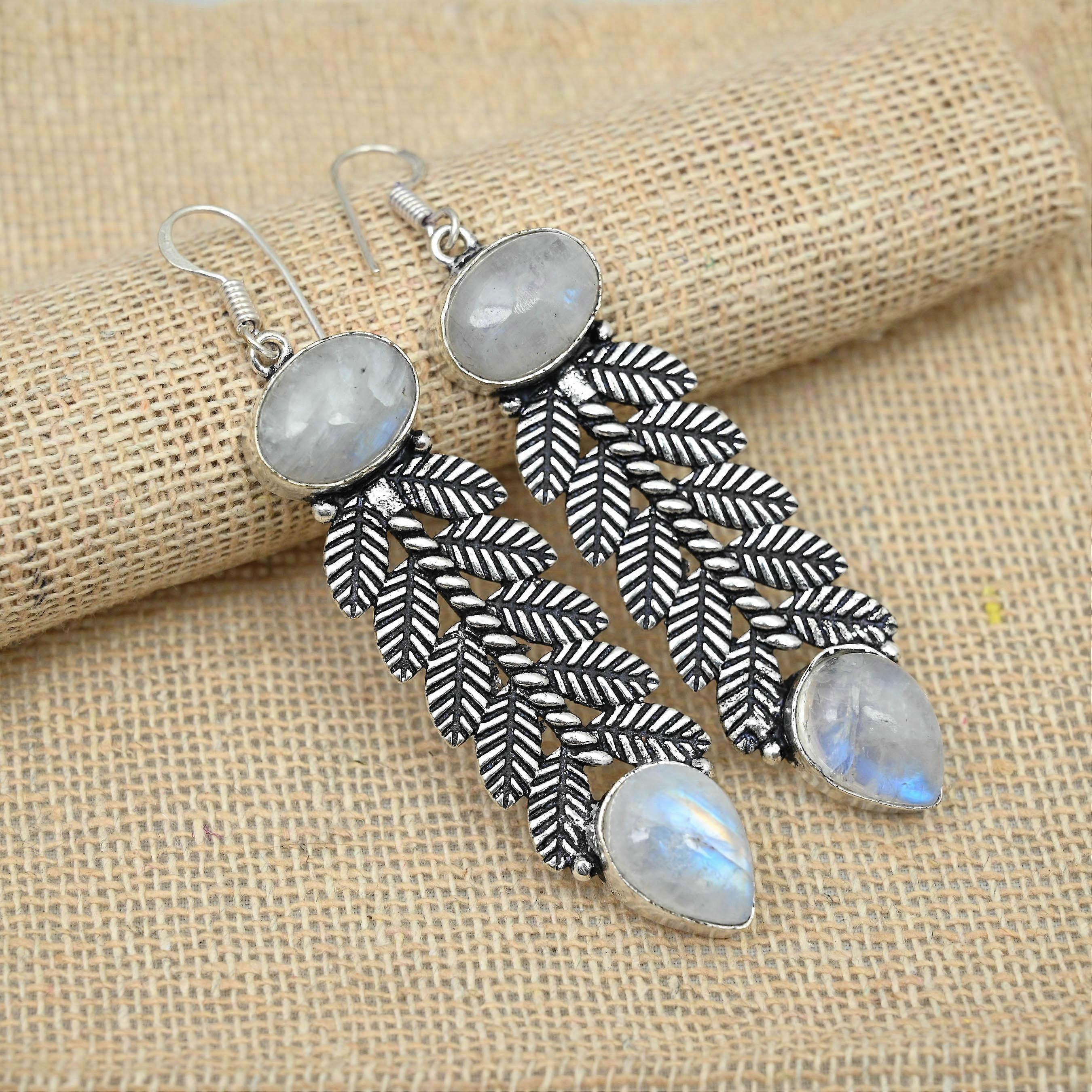 Orecchini di design fatti a mano in argento sterling massiccio 925 con pietra di luna arcobaleno e gioielli