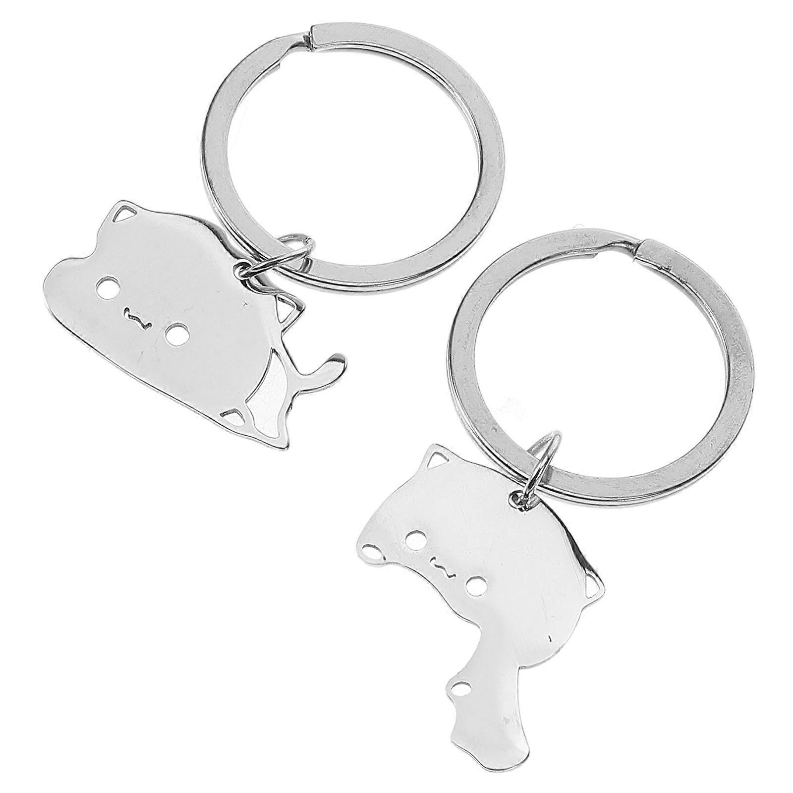 Cat Keychain Stainless Steel Pendant Hugging Cat for 2Pcs Practical Keychain