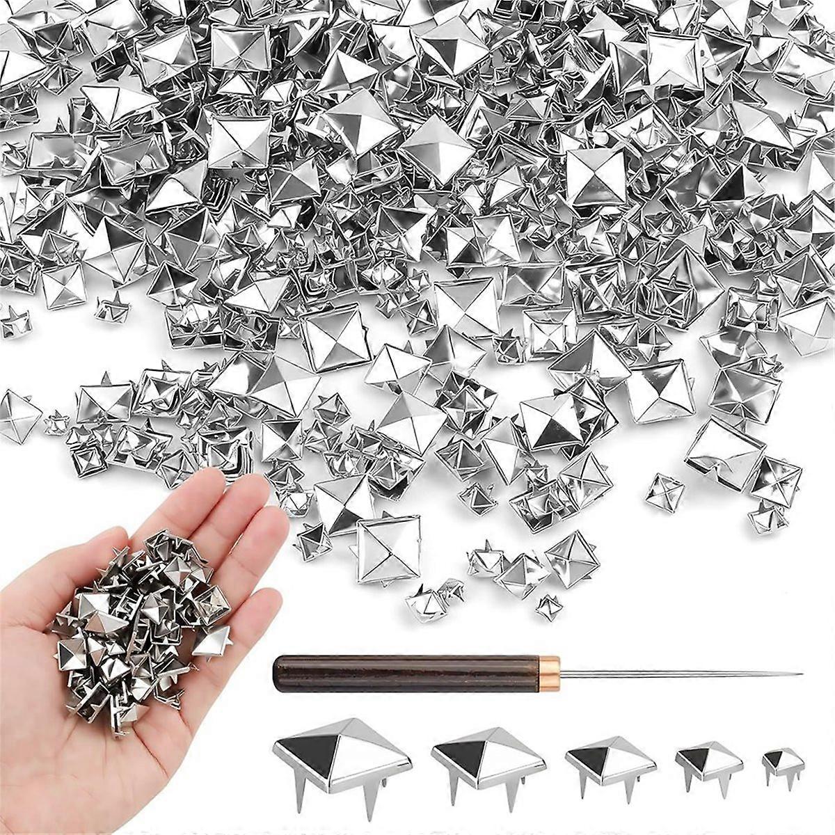 300Pcs Square Pyramid Studs, Silver Prong Spikes and Rivet Kit with Wooden Handle Awl, for Punk Rock