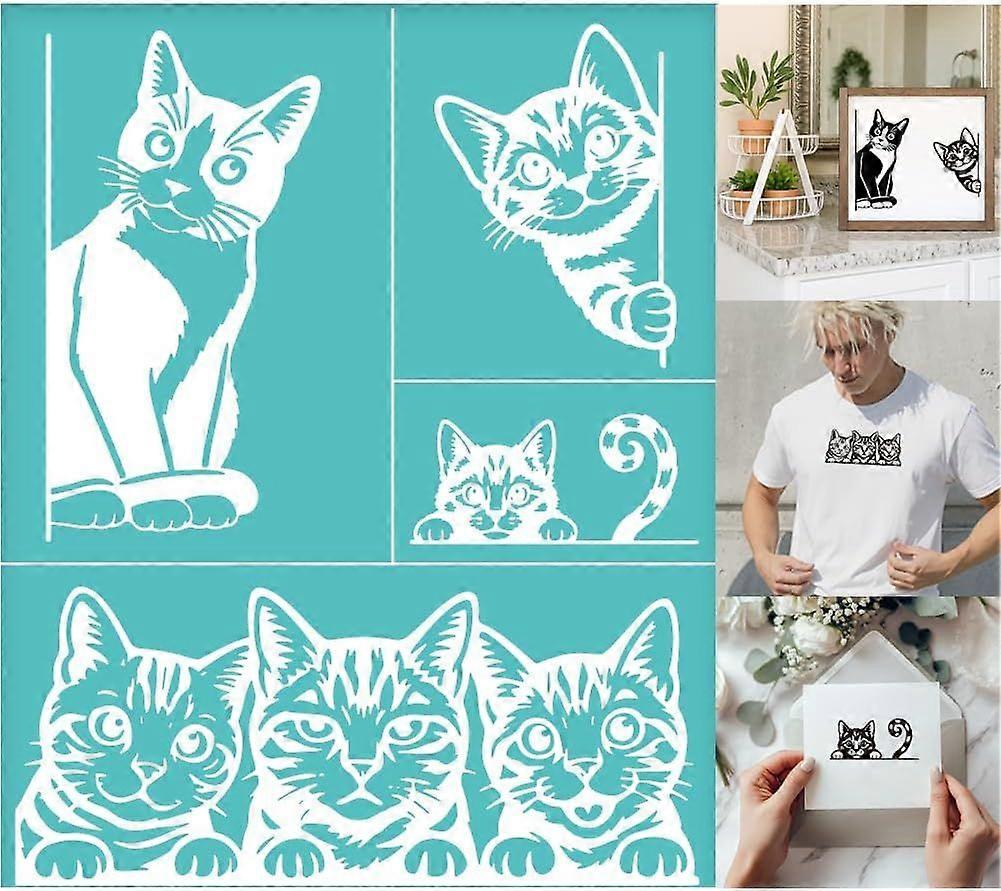 2 Sheets Silk Screen Stencil Interesting Cats Painting Stencils Templates Reusable Self-Adhesive Silk Screen Printing for Wall Border Wood Fabric Home