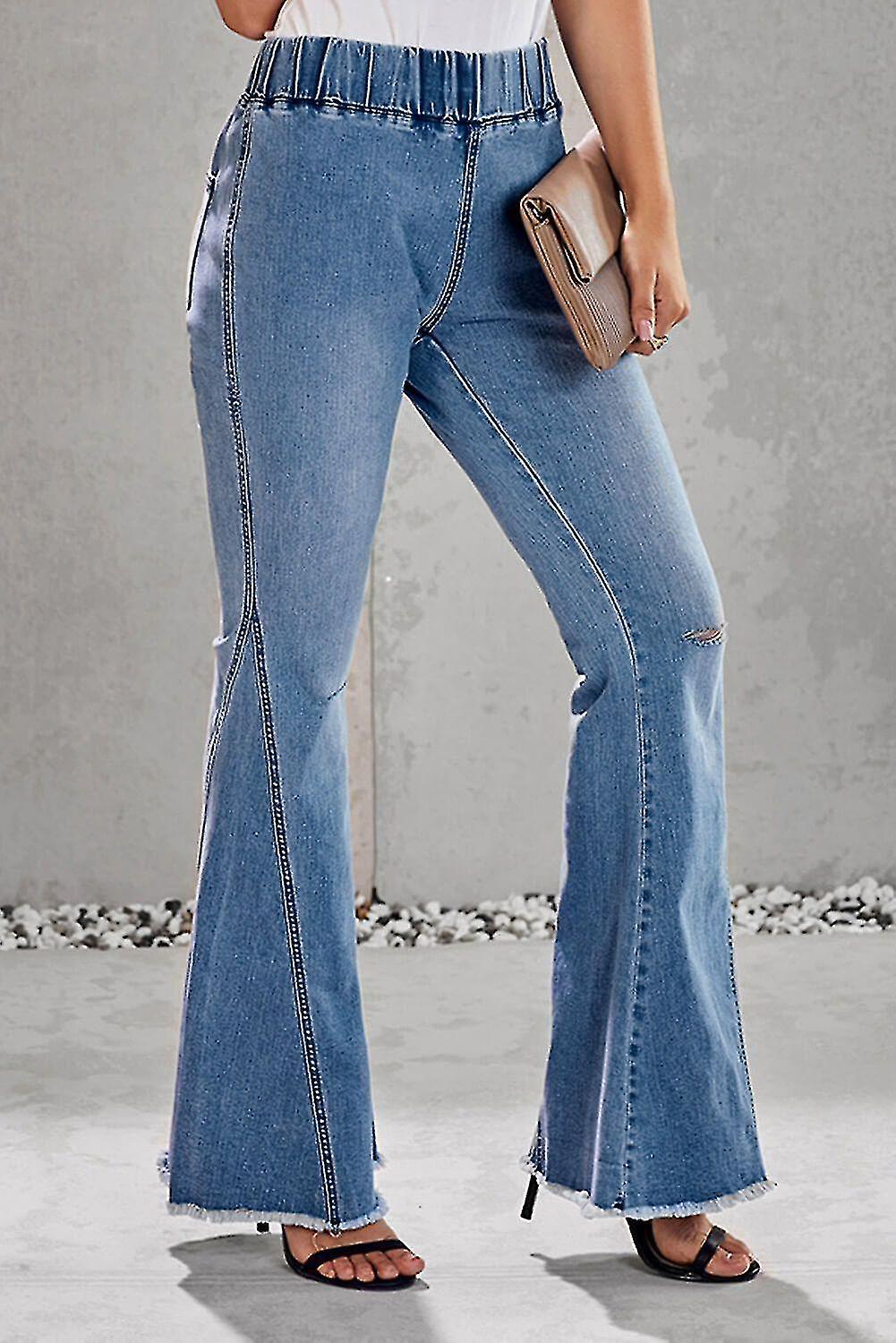 Light Blue Distressed Hole Bell Bottom Denim Pants