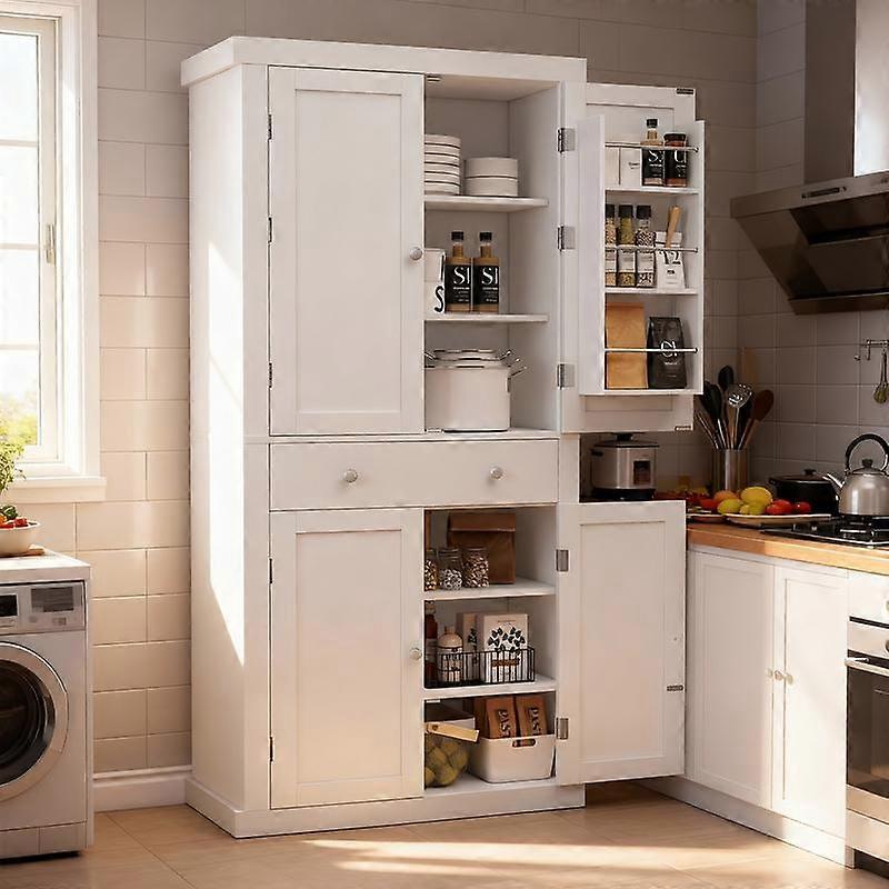 ארון מזווה למטבח בגובה 72 אינץ' Fabiula עם 4 דלתות ומדפים מתכווננים בסגנון כפרי לבן, עיצוב עצמאי לחדר אוכל, סלון