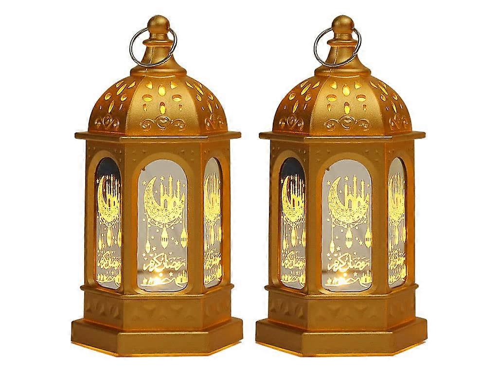 Ramadan Lantern with Warm LED Light, Moon Star Design, Hanging Eid Mubarak Decor, 2 Pack Gold