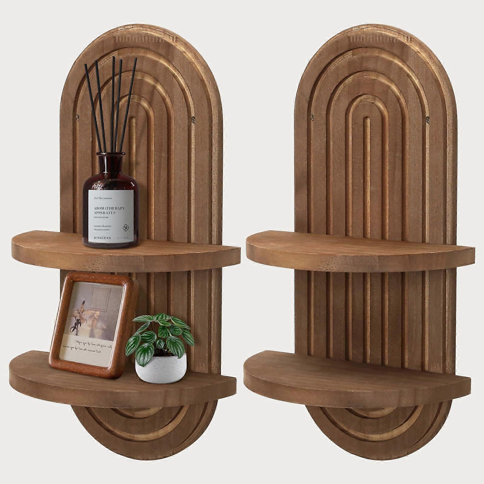 Boho Wall Shelves Set of 2 Rainbow Arch Wooden Floating Shelves Double Layer Storage for Bedroom