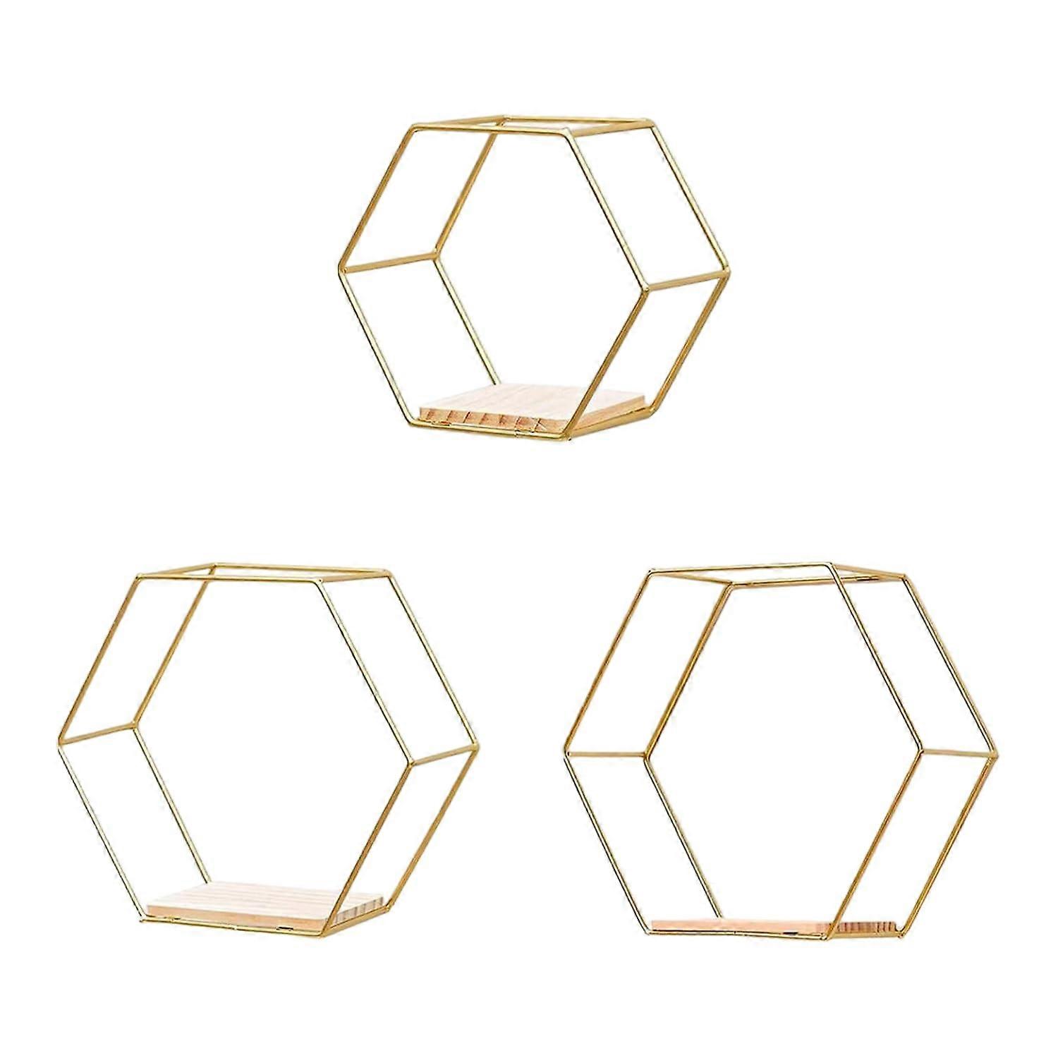 Gold Hexagon Wall Shelves Set of 3 – Geometric Floating Shelves for Modern MultiRoom Decorative Storage