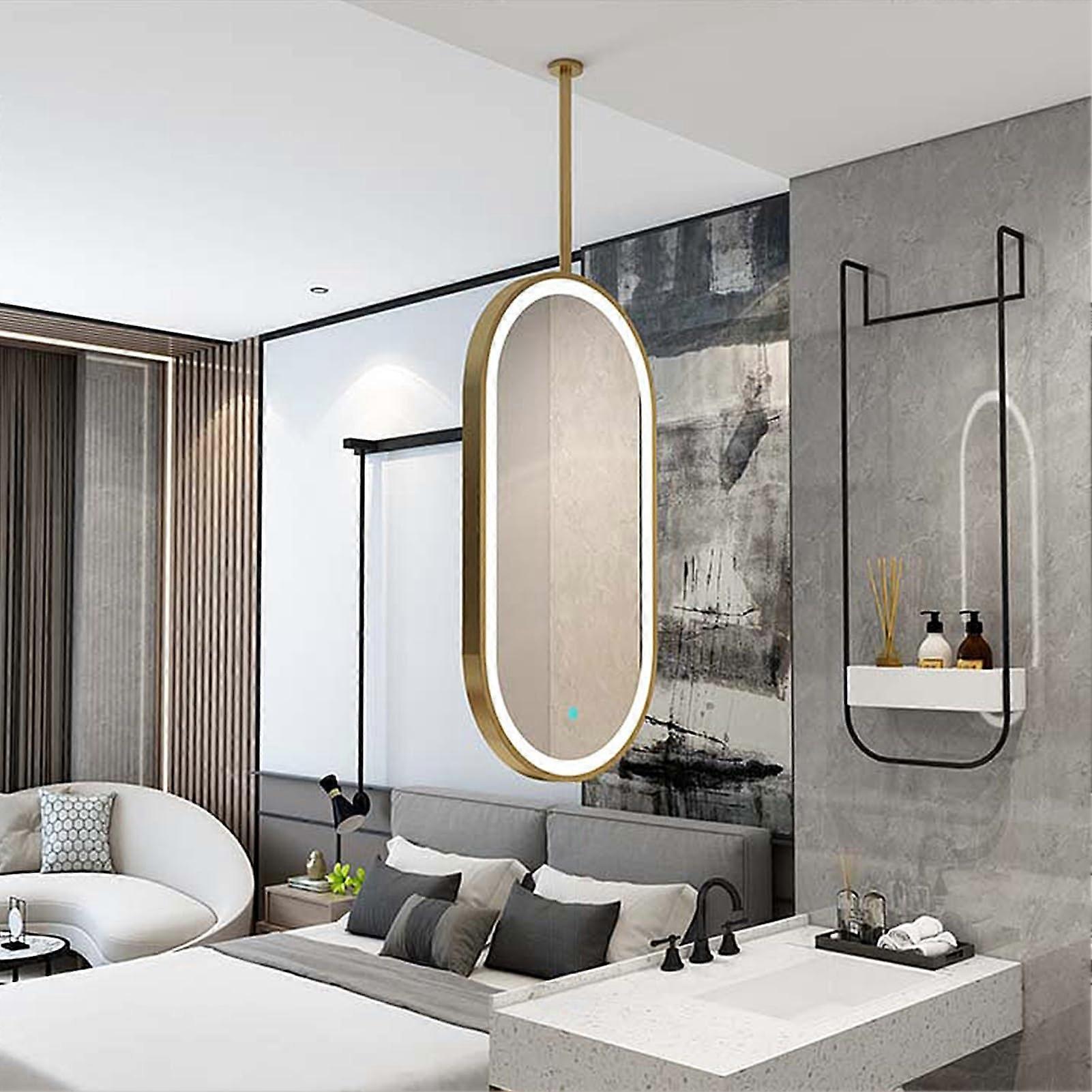 LED Ceiling Mounted Oval Bathroom Mirror Gold Frame with ThreeTone Adjustable Lighting 40x70cm