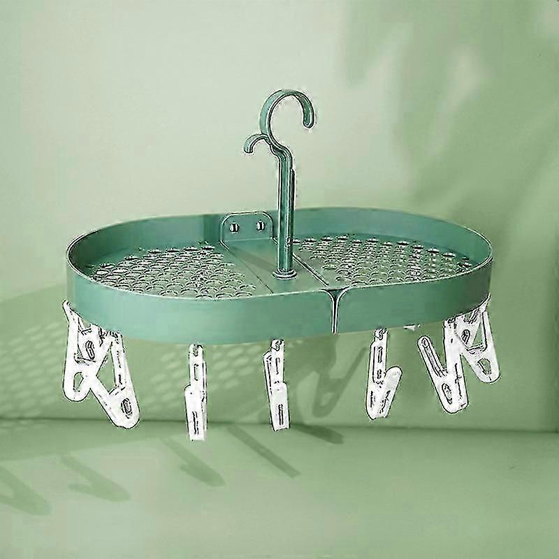 Foldable Sock Drying Rack With 14 Clips, Rotating Hook (green)