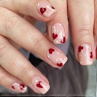 Press On Nails Short Square Pink Heart Valentine Fake Nails Acrylic Tips Kit with Glue for Women