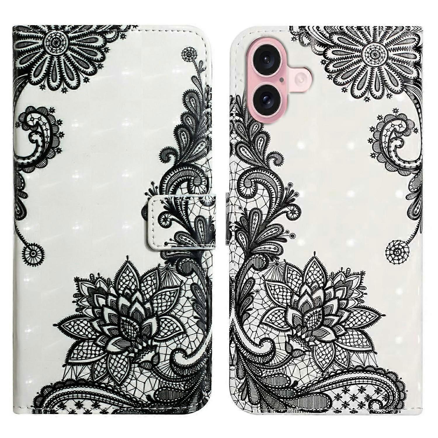 For iPhone 16 Plus Case Stand Card Holder Leather Phone Cover 3D Creative Pattern Design