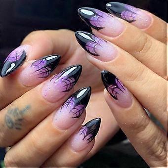 Halloween Almond Acrylic False Nails with Spider Web and Glitter, Medium Full Cover 24 Pcs