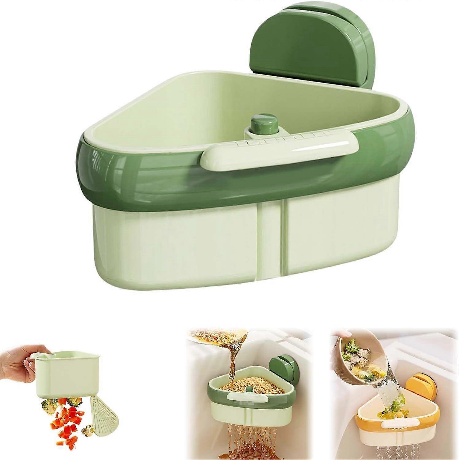Sink Strainer Basket with Automatic Waste Dumping, Suction Cup Corner Rack and Sponge Holder, Green