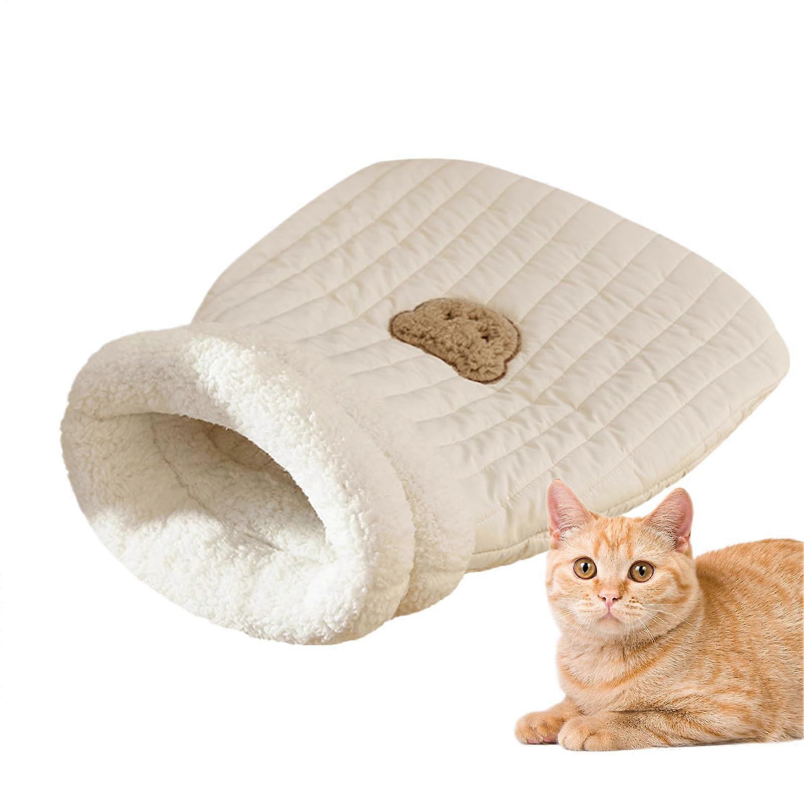 Cozy Cat Bed Cave and Sleeping Bag with Soft Fleece, Cute Bear Pattern, Easy Access, White M