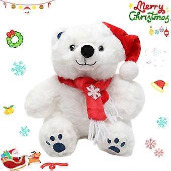 25 cm großer Weihnachts-Eisbär als Plüschtier mit Weihnachtsmannmütze und Schal, weiches Weihnachtsgeschenk