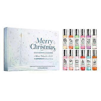 Zestaw prezentowy perfum w formie roll-on, zawierający 12 buteleczek o pojemności 10 ml każda, zapakowanych w pudełko stylizowane na kalendarz adwentowy.