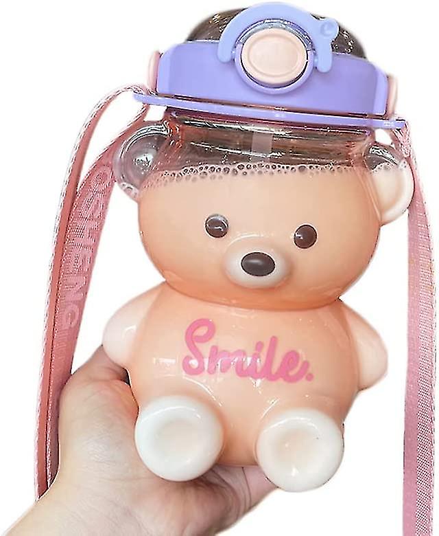 زجاجة مياه Bear مع قش ، إبريق ماء مقاوم للتسرب Kawaii مع حزام كتف قابل للتعديل للسفر في التخييم