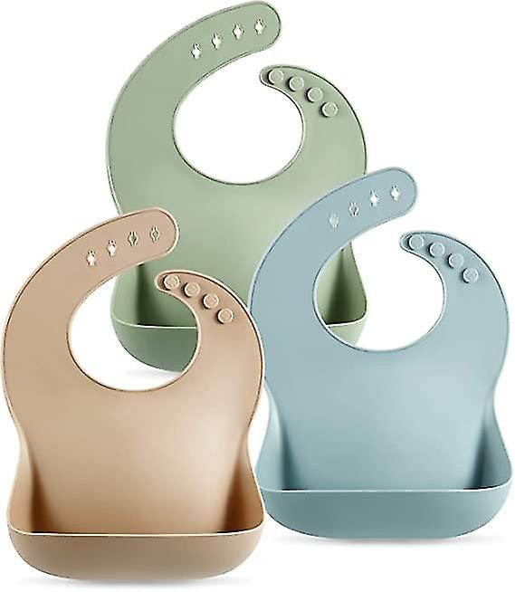 Set Of 3 Cute Silicone Baby Bibs For Babies & Toddlers (10-72 Months) Waterproof, Soft, Unisex, Non Messy (brown/blue/green)