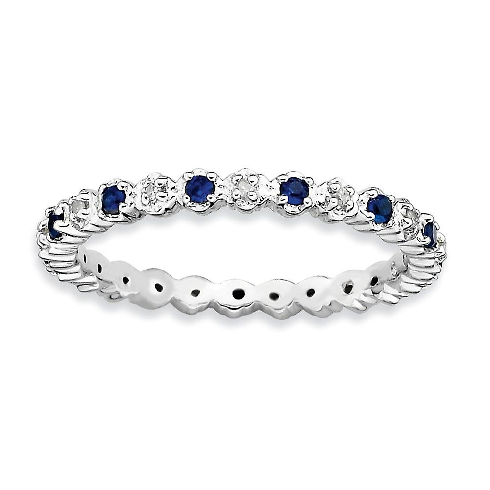 925 Sterling Silver Polished Prong set Stackable Created Sapphire and Diamond Ring-Stackable-Ring for Women - Ring Size: