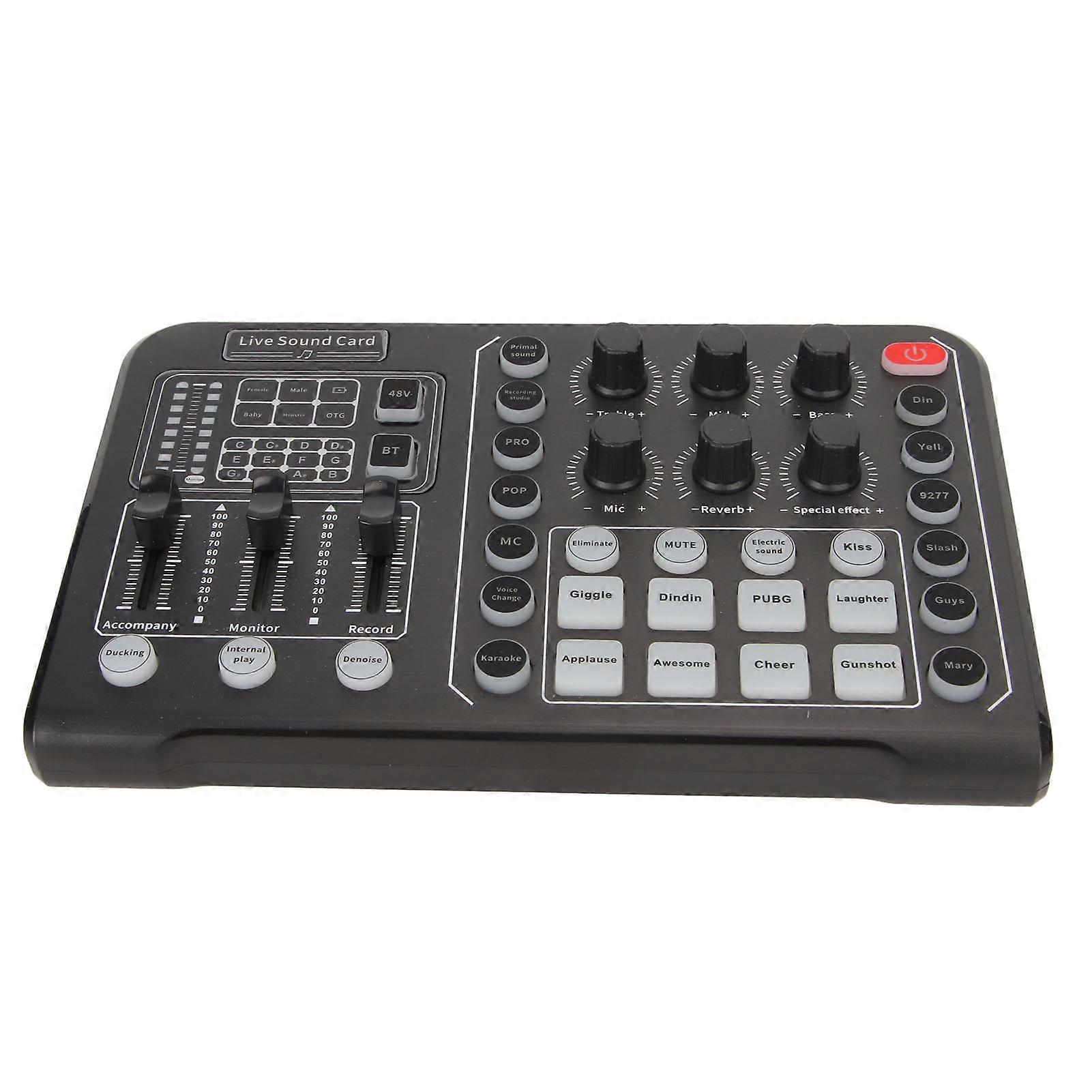 Live Sound Card Support Bluetooth 48V Large Diaphragm Noise Cancelling Sound Mixer Board with 15 Sound Effects for Phone 
