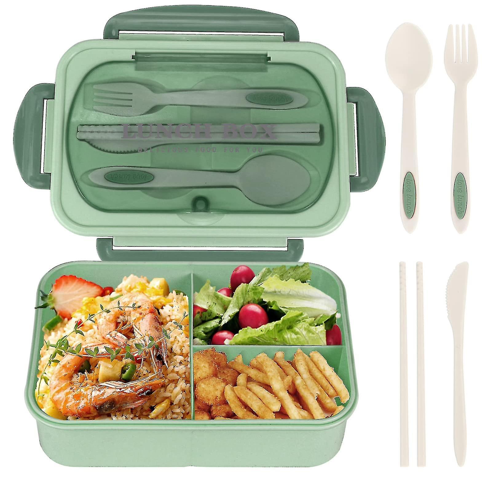 Lunch Box For Adults, 1200ml Kids Bento Box With 3 Compartments, Leakproof Bento Lunch Box With Utensils, Green