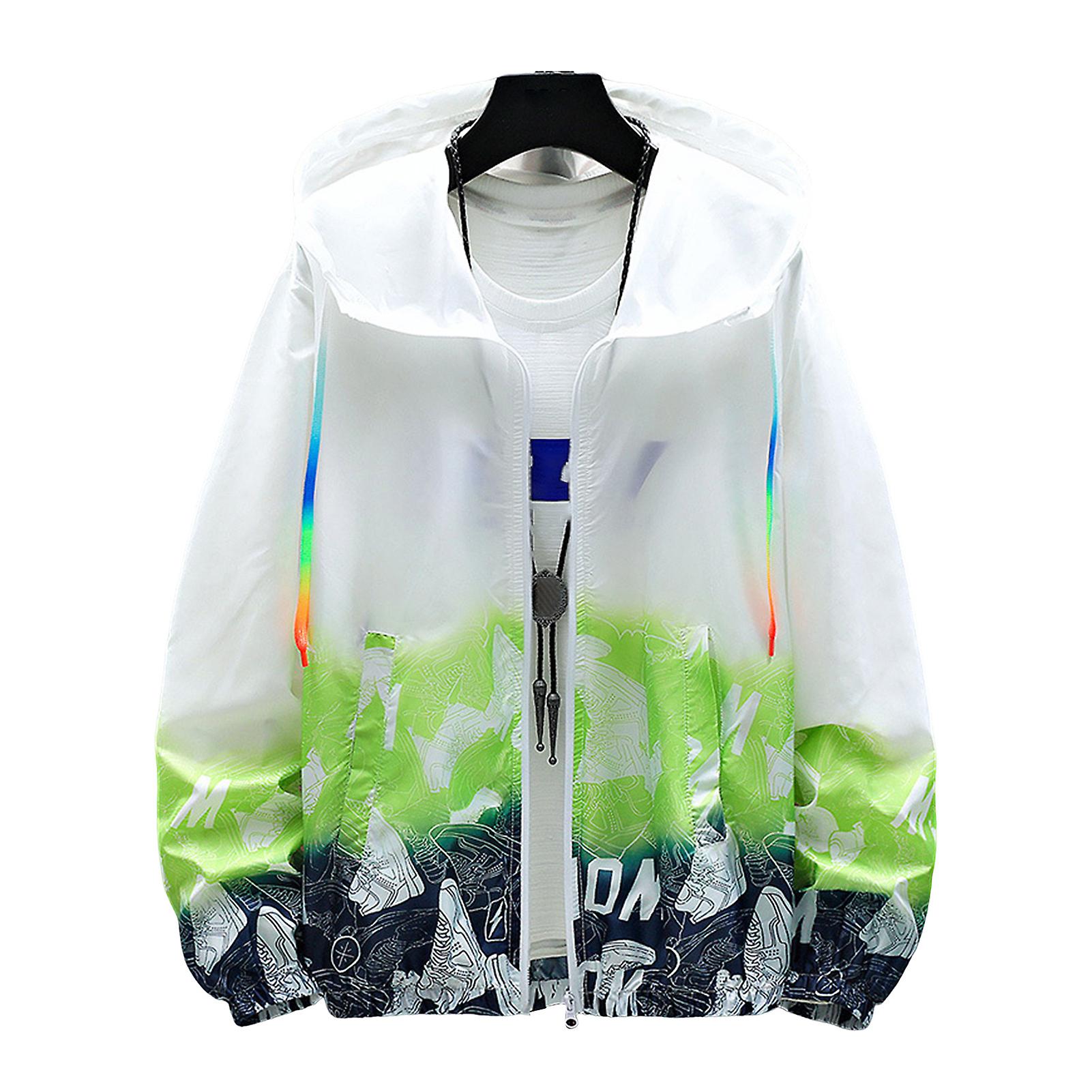 Gradient Print Hooded Drawstring Pockets Zipper Placket Windbreaker Jacket Men Summer Thin Sun Protection Coat