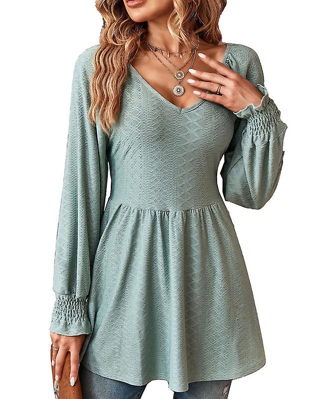 المرأة نفخة طويلة الأكمام القمصان الخامس الرقبة فضفاضة تناسب البلوزات مطوي فضفاضة تونيك قمم S-xxl