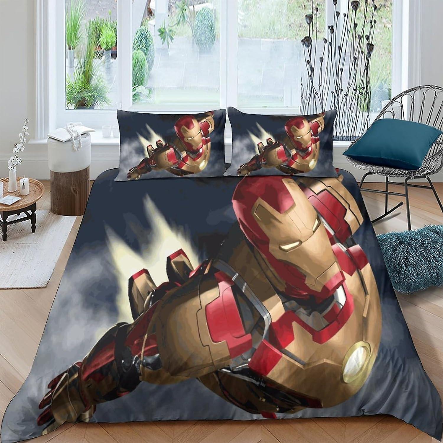 Iron Man3D Printed Bedding Comforter Cover Set with Pillowcases Iron Man Marvel Duvet Cover with Zipper Closure Soft Microfiber Quilt Cover for Kids T