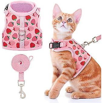 Veeki Cat Harness with Leash Escape Proof - Fashionable Mesh Cat Dog Walking Harness Leads, Adjustable for Kitties Puppies Small Animals,Strawberry,S