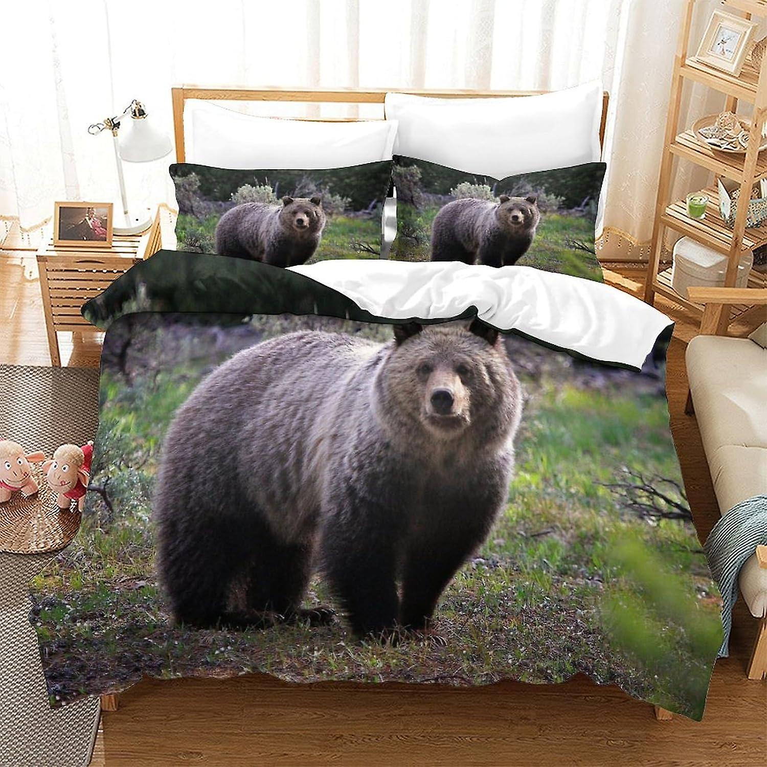 SFYYAYJJ Bedding Double Bed Set Grizzly Printed Bedding Set Super Soft Microfiber Duvet Cover with Zipper with Pillowcases Hypoallergenic Quilt Cover