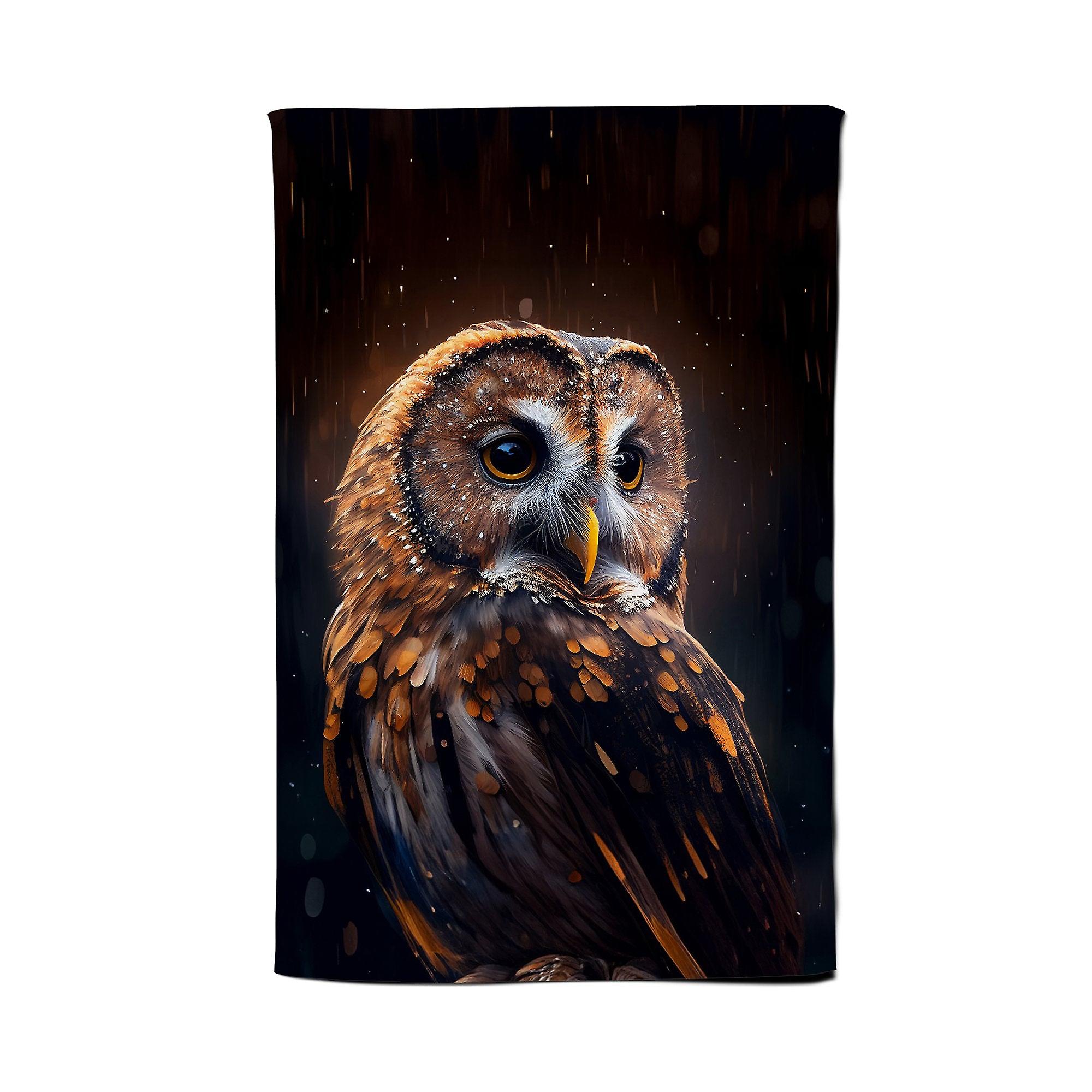 Tawny Owl Face Splashart Dark Background Tea Towel