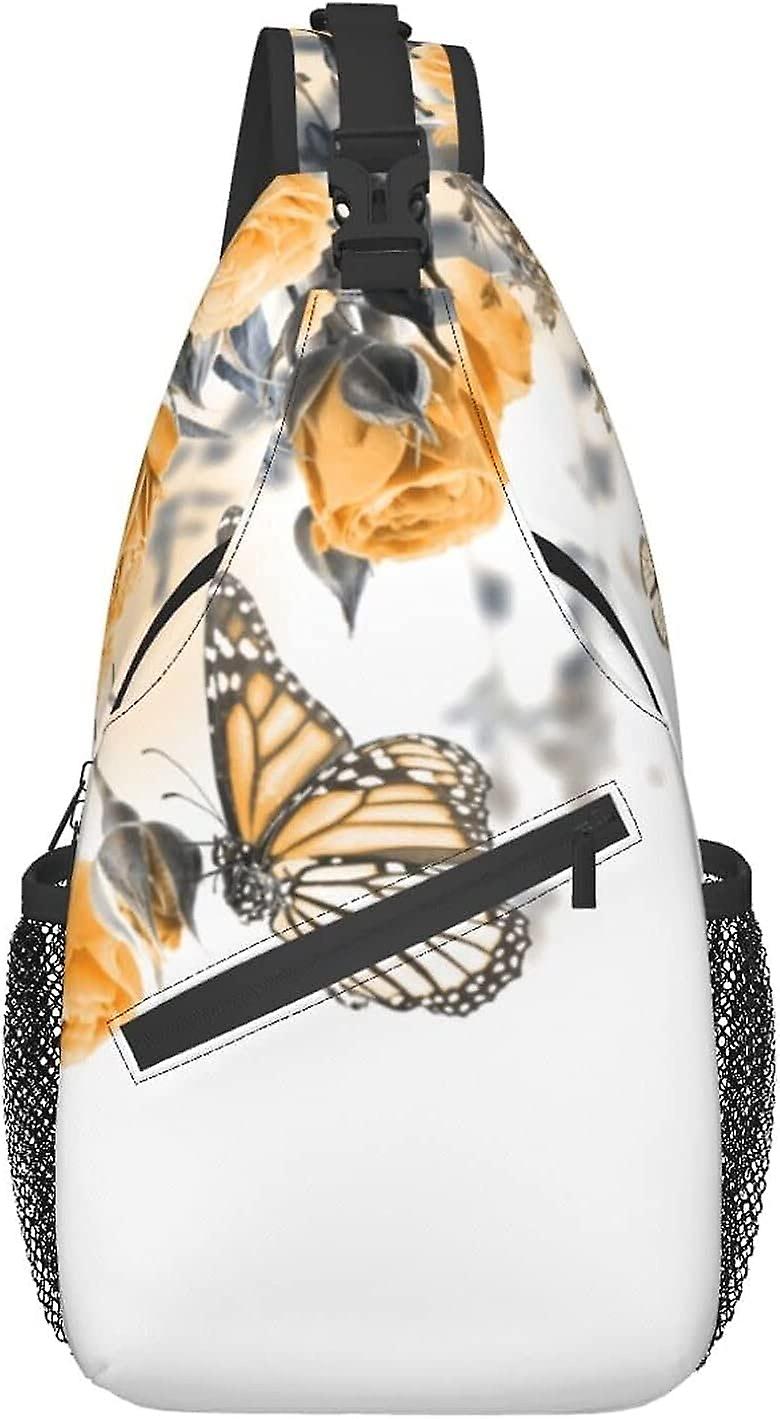 AF01466 כתום אפור פרפר פרח ורד קלע תיק קל משקל טיולים daypack תיק כתף Crossbody כתף חבילת חזה נסיעות למבוגרים