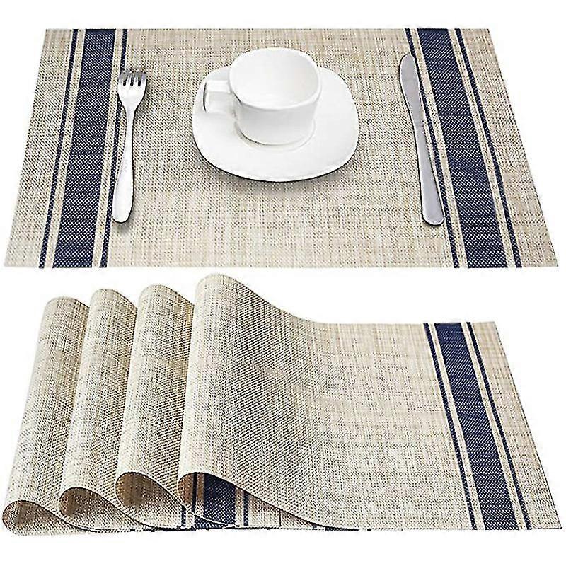 4pcs Placemat Blue Solid Color Pvc Mat Plain Horizontal Stripe Table Mat