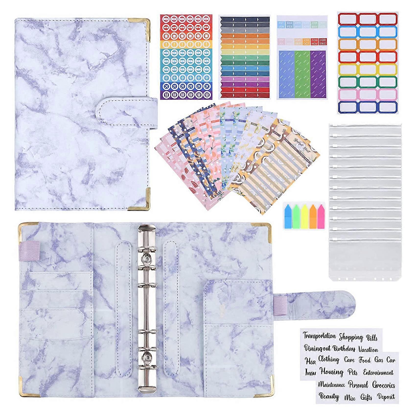 A6 Binder Notebook, Marble Ring Binder with Clear Plastic Binder Covers, Budget Sheets, Label Stickers, Binder Bag Blue