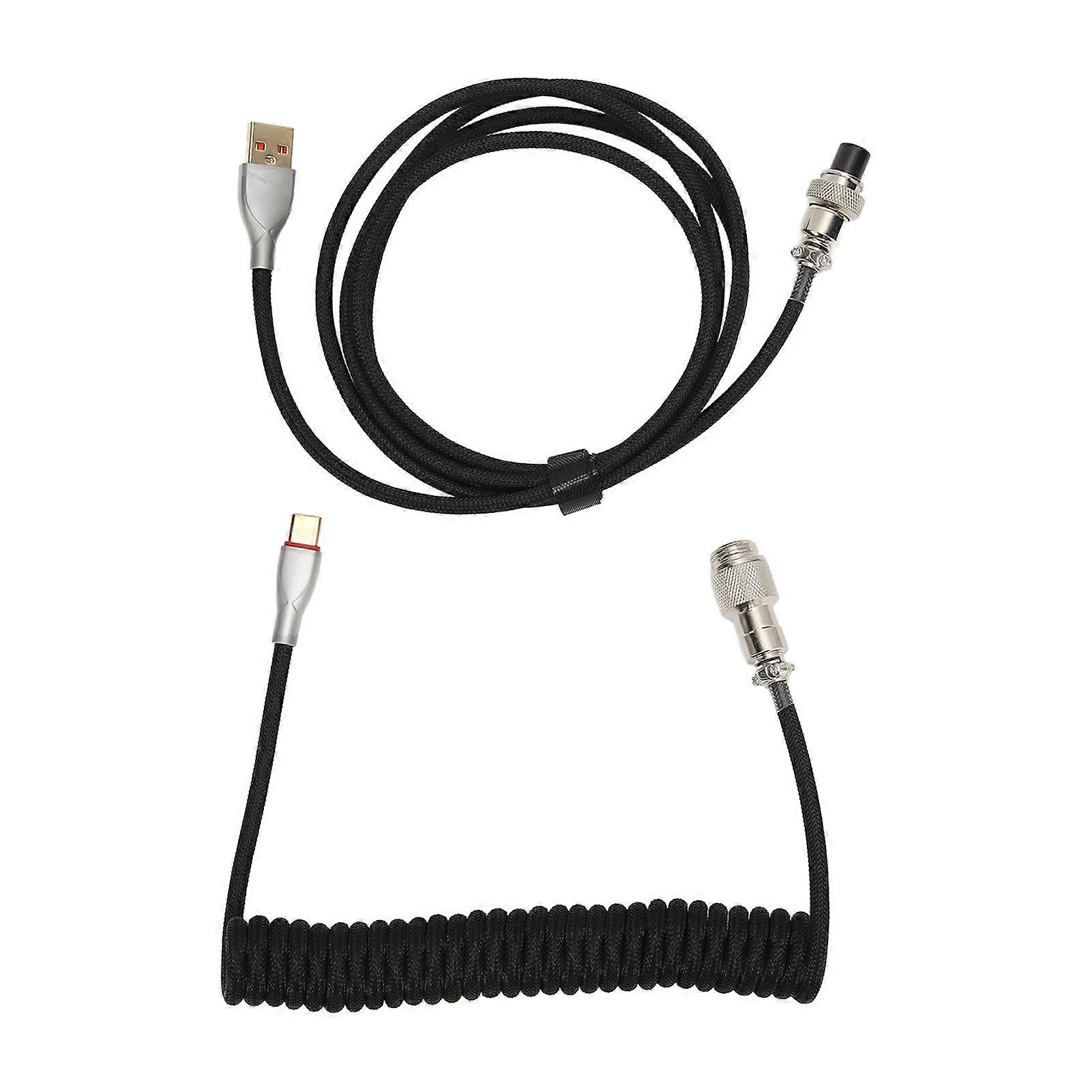 Mechanical Keyboard Cable Double Sleeve Custom Coiled with Detachable Metal Aviation USB C to USB A Keyboard Aviation Connector Black