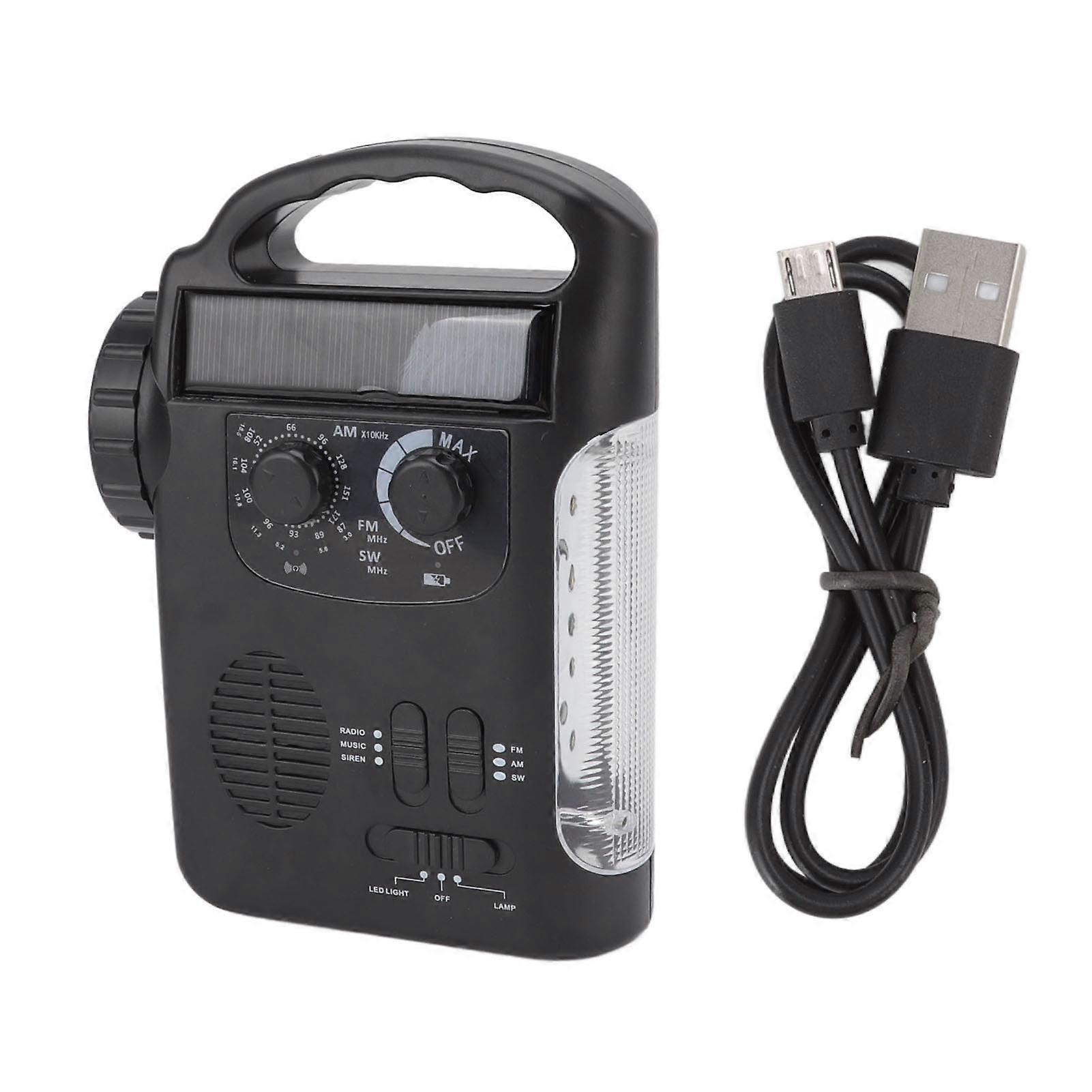 Hand Crank FM Radio Solar Powered Black USB Output Rechargeable Built in Flashlight Portable Emergency Radio for Outdoor