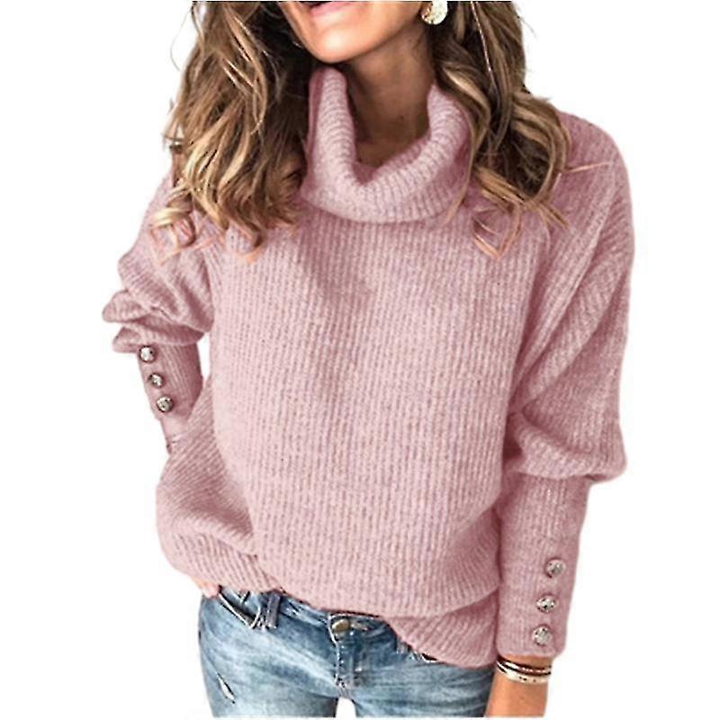 Button Decor Turtle Neck Sweater, Casual Long Sleeve Sweater For Women