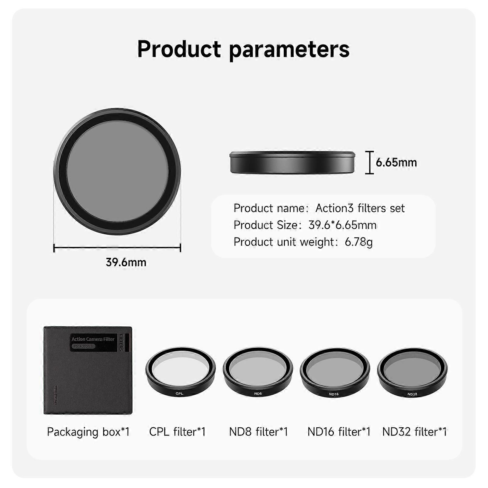 CPL ND8 ND16 ND32 Lens Filter Set Aluminium Alloy Frame for DJI Action 3 ND CPL Lens Action Camera Accessories